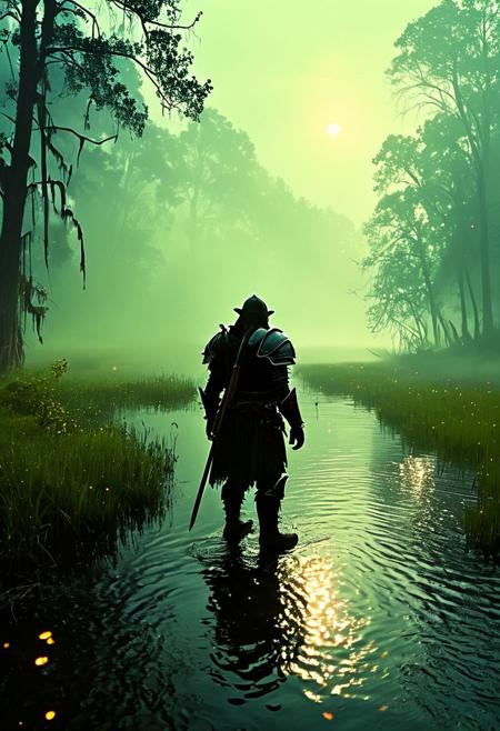 An expansive, moonlit swamp, shrouded in mist. A rugged, green-skinned ogre, clad in medieval armor, stands solemnly at the water's edge. The swamp's murky waters reflect the moonlight, casting eerie shadows, while fireflies illuminate the scene, creating a mystical atmosphere. The ogre's expression is thoughtful, hinting at a depth of emotion and wisdom., 
in the style of 80s VHS tape dreamcore retro fantasy, light foggy smoke, nostalgic, dreamlike quality, VHS screen grab, film grain, static, blurriness, and subtle dust and dirt artifacts
, in the style of an old 80's VHS dark fantasy, VHS screen grab, grainy, old footage
