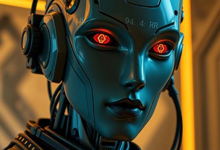 A close-up of a futuristic humanoid android with a sleek, metallic face in shades of teal, grey, and black. The android’s glowing orange-red eyes have geometric, mechanical pupils, giving an intense, focused gaze. Its face is smooth and humanlike, but segmented with visible panel lines and printed alphanumeric codes like "94R" beneath one eye. The lips are matte black, expressionless and cold. Attached to the side of the head is a cybernetic module with small illuminated symbols, hexagonal grids, and a connector-like structure. The neck transitions into a complex, dark mechanical collar made of layered, textured materials with cables and joints. The background is softly blurred with warm beige-yellow lighting and indistinct futuristic shapes, suggesting a sci-fi indoor setting. The overall mood is high-tech, enigmatic, and slightly ominous.