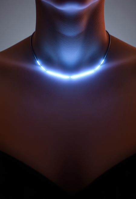 subdermal LED bar necklace, (internal LED glow:1.7), (embedded LEDs:1.7) forming a sleek, horizontal glowing line beneath the skin across the collarbone, soft light radiating from the center of the bar, (elegant linear light:1.6), (radiant horizontal light effect:1.5) mimicking a minimalist bar necklace, high-definition, (ultra-realistic skin texture:1.8), seamless light transitions beneath the skin, modern and minimalist, (worn jewelry:-1.8), (visible necklace:-1.8), (rigid design:-1.5), glowing bar pattern integrated seamlessly into the skin, timeless yet modern, perfect for both formal and casual settings