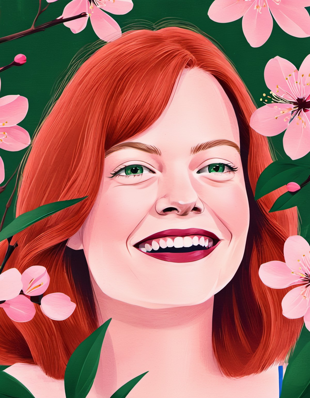 Minimalistic modern illustration closeup of Emma Stone with red hair smiling with teeth, surrounded by soft pink cherry bl...