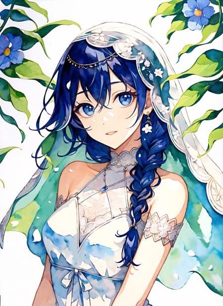 akagi shun, 1girl, blue eyes, blue flower, blue hair, blue nails, bracelet, braid, branch, bridal veil, bride, dress, flower, halter dress, halterneck, high collar, jewelry, lace, lace veil, light smile, medium hair, nail polish, parted lips, petals, solo, upper body, veil, wedding dress, white dress, white veil,  ((masterpiece)), (watercolor) <lora:akagi_shun_offset:1>