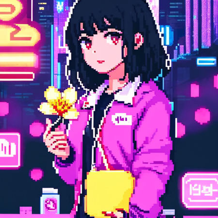 <lora:pixelart-08:0.8>pixelart,1girl, solo, looking at viewer, short hair, bangs, black hair, long sleeves, holding, jacket, upper body, flower, rose, phone, purple jacket, neon lights