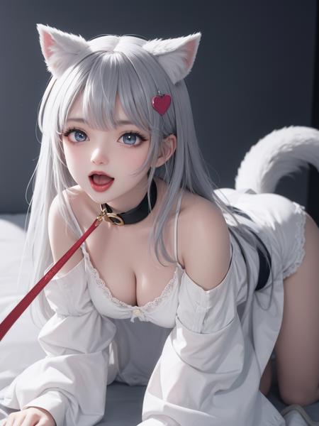 <lora:[å¨ä½]-[è¢«çµçå® ç©]pose  pet play[NSFW]:1>,1girl,breasts,leash,solo,animal ears,tail,long hair,hair ornament,blue eyes,shirt,large breasts,collar,heart,looking at viewer,hairclip,barefoot,fox ears,white shirt,naked shirt,all fours,open mouth,cleavage,white hair,long sleeves,off shoulder,heart-shaped pupils,blush,fox tail,animal ear fluff,smile,bangs,tongue,fox girl,symbol-shaped pupils,white background,bottomless,tongue out,bare shoulders,very long hair,collarbone,simple background,holding leash,kneeling,dress shirt,saliva,full body,sleeves past wrists,fang,parted bangs,animal collar,open shirt,