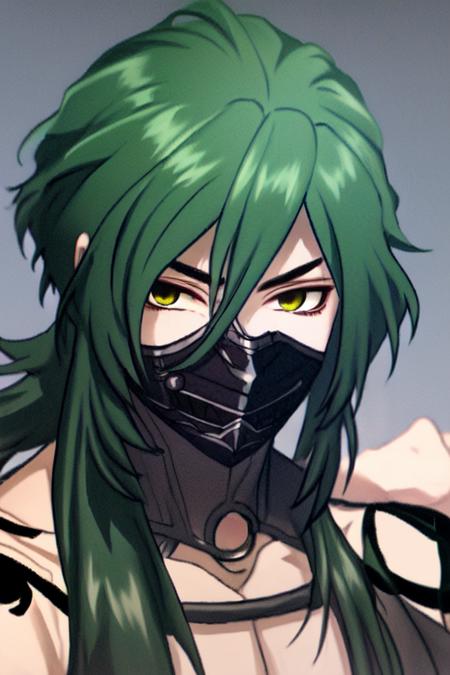 Kongouyasha bare pectorals body tattoo mouth mask green hair armor toeless footwear