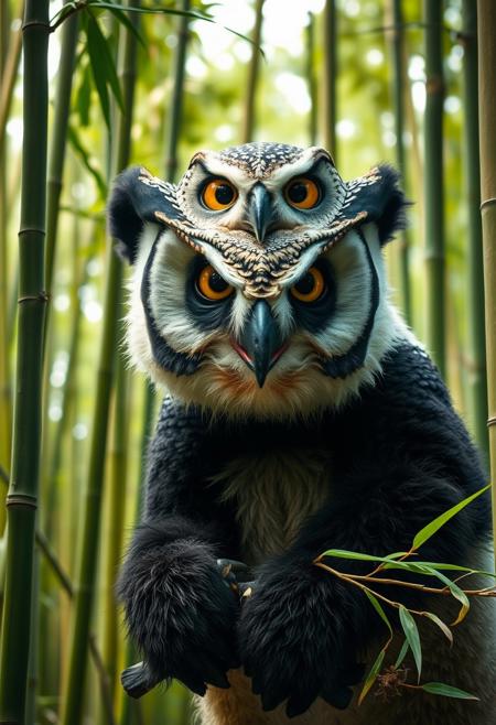 A wide angle shot frontview of a hybrid creature with the body of a big panda bear and the head of an owl, perched in a bamboo forest. The creature has the panda's distinctive black and white fur and the owl's large, expressive eyes, ultra detailed, high resolution, photorealistic, cinematic, and 4k, high quality, masterpiece