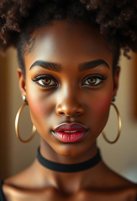 (masterpiece:1.4), (beautiful lighting:1.1), up close, portrait shot of a beautiful brown sugar skinned Milf with 2 amber afro puffs that's looking at the Viewer she has chestnut brown lipstick and faintly glowing amber eyes and wearing a thin black choker and blushing