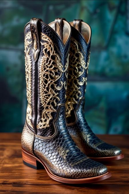 sn4k3. A pair of high-end cowboy boots crafted from black sn4k3 skin, featuring intricate stitching and silver spurs, reflecting the wild western spirit.