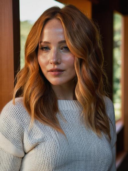 photo of Jennifer Lawrence with (long orange hair), (wearing a sweater:1.3), (looking over shoulder in a Frank Lloyd Wright style house:1.3), summer