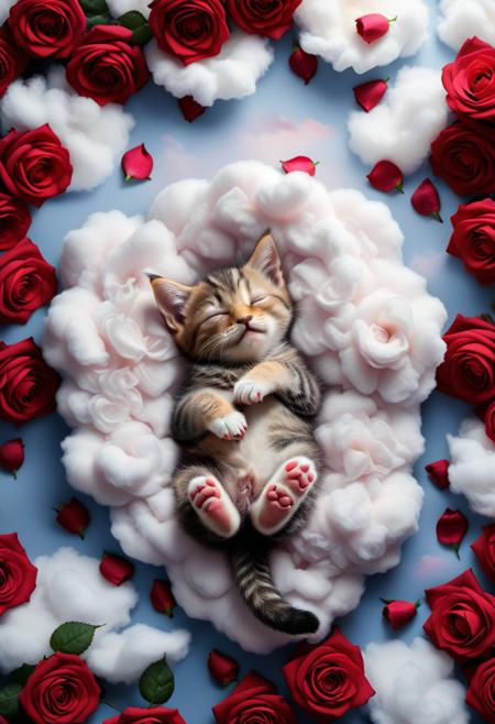 a cute anthro kitten sleeps on a cloud, surrounded by roses, eyes closed, cozy, high quality, an award winning photo for le magazine, poster, horror story style, rosifex