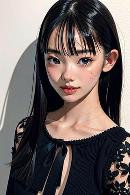 (best quality,masterpiece:1.2),high detail,photo realistic,(((1girl))),<lora:kohaku_v01-000006:1>,kohaku,18 years old girl,((bangs)),black hair,(((flat chest))),(perfect face:1.3),bright lighting,beautiful detailed eyes,(beautiful detailed nose),(extremely detailed face:1.2),perfect lighting,((standing)),contrapposto,simple background,dark background,high neck brouse,