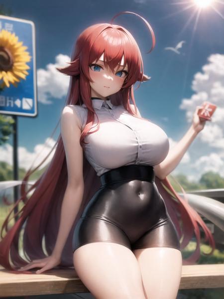 (masterpiece:1.3), (perfect quality:1.3), <lora:RiasGremory_v1.4-000004:1>, Rias Gremory, bus stop, on the road, road sign, sun, white shirt