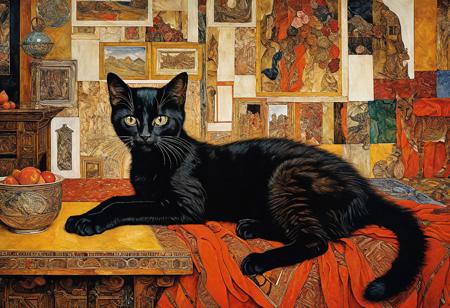 the kitten rules the house, surreal maximalist masterpiece by (egon schiele, josephine wall, hr giger)
