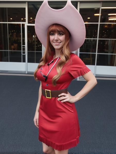 best quality, masterpiece, highres, detailed, <lora:Detail - add_detail:0.2>, MimiDigi,  <lora:MimiDigi:0.8>, outdoors, split bangs, red dress, cowboy western, excited, split bangs, long hair, brown hair, pink hat, curly hair, cosplay convention, cosplay, 30 year old american woman,