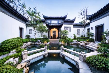 masterpiece, best quality, yuanlin, suzhou garden, traditional chinese garden, zutuan, yuanlin, scenery, tree, water pond, dark theme, high contrast, outdoors, flower, bush, lantern, stairs, plant, road, nature, stone lantern, architecture, path, sky, 