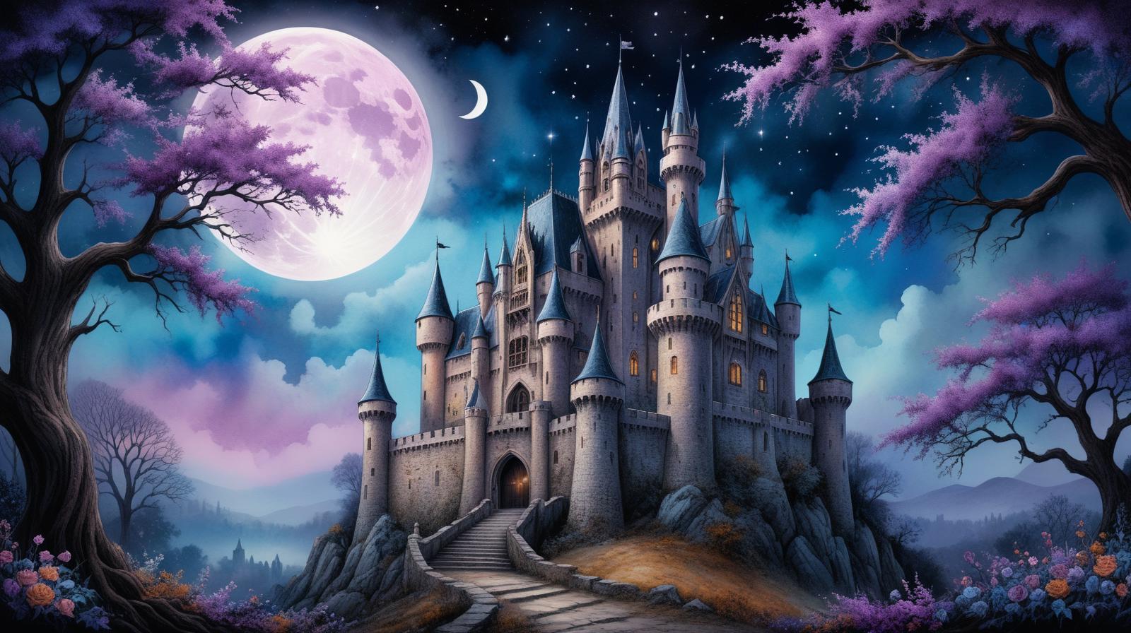 Soft watercolors High gothic soft violet purple blue haunted abandoned medieval castle large oak tree scary creepy sinister flowers enchanted magical twinkling stars glistening stars glittery stars full large moon intricate motifs perfect composition masterpiece insanely-detailed extreme-detailed hyper-detailed beautiful volumetric deep rich colors beautiful gorgeous masterpiece