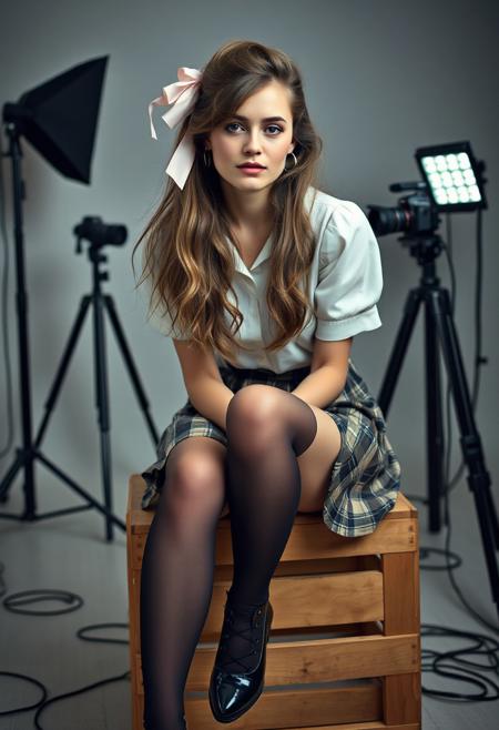 early 2010s snapshot photo captured with a phone and uploaded to facebook, a woman in her 20s with a pale complexion, wearing a white, short-sleeve blouse and a plaid silk skirt, reminiscent of a school uniform. She has long, brunette hair, styled in a voluminous, messy manner. Her hair is adorned with a small, pink bow on the left side. Her legs are adorned with black, lace-up thigh-high socks, and she is wearing shiny black elegant shoes. She is sitting on a wooden crate in a photo studio. The background shows a DSLR camera on a tripod, photo strobes with light boxes, and cables on the floor. The overall vibe of the image is candid with a voyeuristic element.