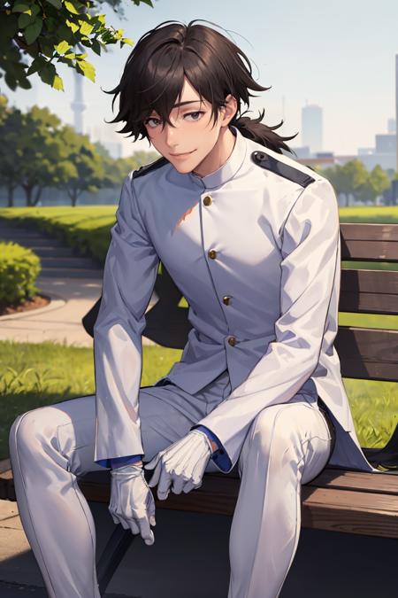 masterpiece, best quality, absurdres, 1boy, solo, SakamotoRyouma, black hair, ponytail, white jacket, white gloves, white pants, smile, outdoors, sitting, bench, park scene, <lora:SakamotoRyouma:1>