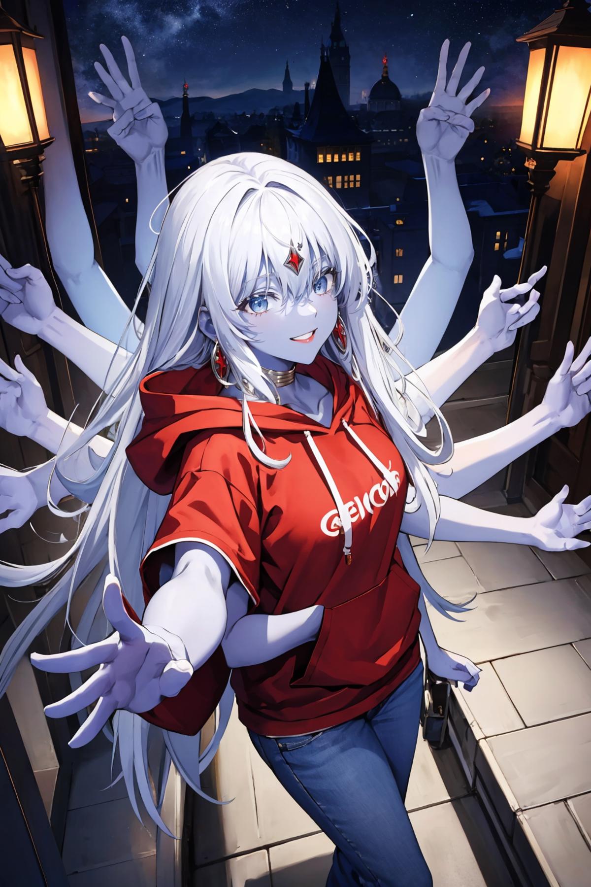 A young woman with long white hair, wearing a red hoodie, stands outdoors at night.