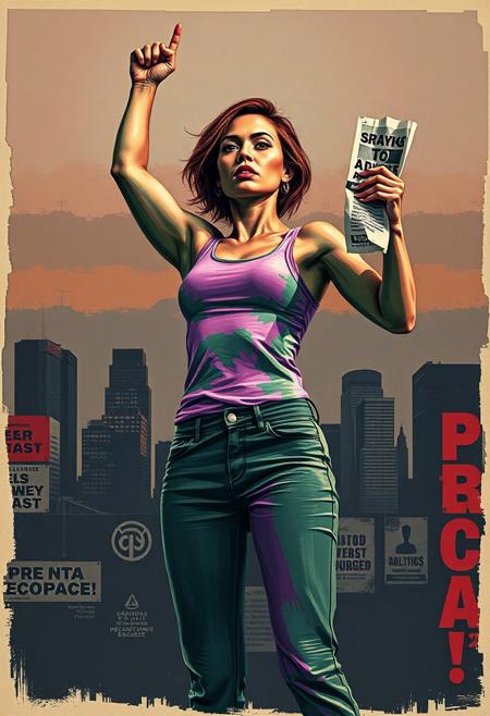 A striking portrait of a woman standing defiantly against a flat, abstracted city skyline at dusk, her body rendered in raw, emotionally expressive brushstrokes with visible color distortions—pale greens, bruised purples, and electric reds that reflect her internal state. Her pose is strong, upright, one arm raised in protest, the other clutching a tattered flyer, the edges of which dissolve into the textured background. The composition is bold and poster-like, layered with geometric motifs and high-contrast shadows that evoke urgency. Her facial expression is ambiguous—introspective yet fierce—with exaggerated proportions around the eyes and jawline to emphasize emotional tension. The background incorporates repetitive symbols and semi-opaque slogans that bleed into the scene like torn propaganda. Lighting is high-contrast, with dramatic artificial illumination casting intense shadows. The scene is charged with energy, ideal for a conceptual, emotionally political aesthetic.