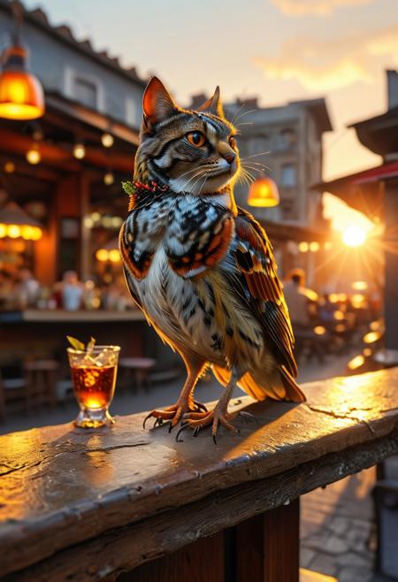 A blend of feline and avian characteristics, this creature is a small sparrow adorned with a cat's head and hind legs, perched atop a bar table on a bustling sidewalk. As the sun sets, the scene comes to life with extreme realism, showcasing a vivid and detailed environment. The background appears slightly blurred, enhancing the hyperrealistic quality of the action-packed cinematic moment, while the perfect textures bring the entire scene to life.