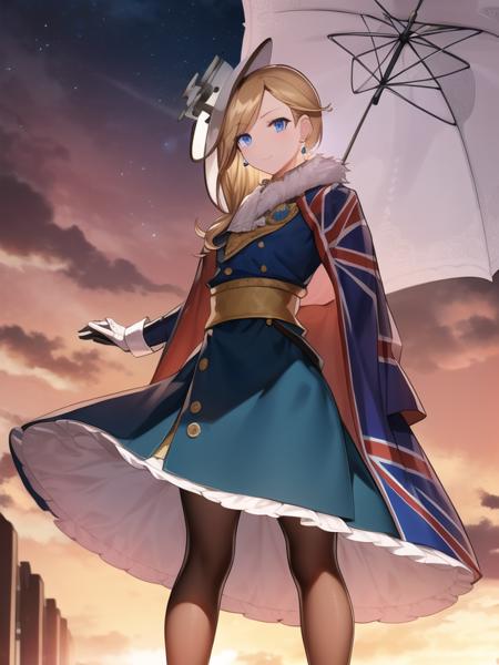 (hyper extreme detailed),(masterpeace),(hyper extreme),(photorealistic),CG,(colour:1.2), beautiful lighting,light from the front,solo,  <lora:hood:1>,hood,blonde hair,blue eyes,black pantyhose,earrings,gloves ,jewelry,long hair,blue anad white long skirt,blue long dress,shoes,union jack,frilled_dress,hat,