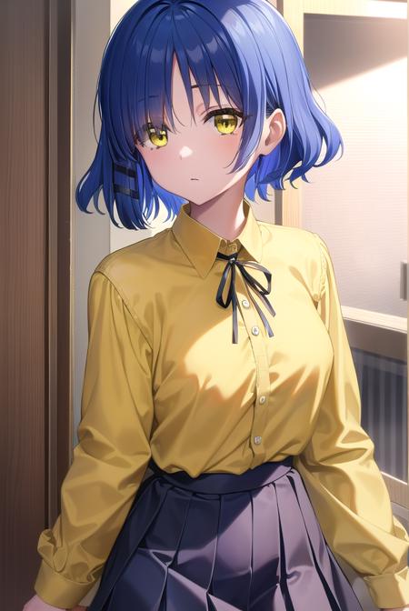 ryouyamada, <lora:ryouyamada-lora-nochekaiser:1>, 
ryou yamada, blue hair, eyes visible through hair, mole, mole under eye, short hair, (yellow eyes:1.5), hairclips,
BREAK black pantyhose, black ribbon, blue skirt, brown footwear, loafers, long sleeves, pantyhose, ribbon, school uniform, shimokitazawa high school uniform, shirt, shoes, skirt, white shirt,,
BREAK indoors, classroom,
BREAK looking at viewer, (cowboy shot:1.5),
BREAK <lyco:GoodHands-beta2:1>, (masterpiece:1.2), best quality, high resolution, unity 8k wallpaper, (illustration:0.8), (beautiful detailed eyes:1.6), extremely detailed face, perfect lighting, extremely detailed CG, (perfect hands, perfect anatomy),