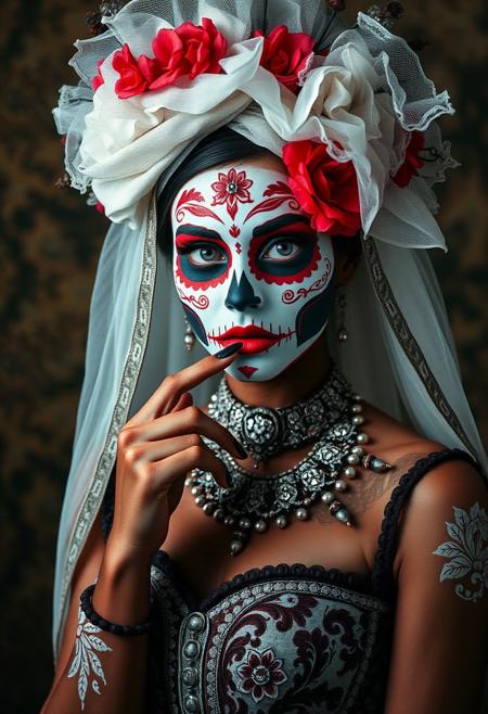 a woman with red and white makeup dia de los Muertos in the shape of skulls, wearing an elaborate headdress and veil holding her finger to lips, wearing ornate jewelry, full body shot, photorealistic, Delftware porcelain pattern skull style face painting,