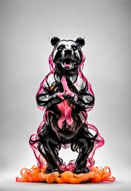 A big pandabear looking at viewer, pandafur in neon-pink and white, open mouth with black sharp teeth, sitting in a (neon-orange room:1.2), (neon-orange background:1.2), photograph, 8K resolution, best quality   <lora:Gloom-step00000900:.65>