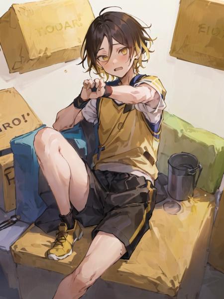 ((fully clothed))<lora:KenmaKozume:0.65> ,high res, masterpiece,Kenma Kozume, ((1boy,)) ((1man)), black_hair ((blonde_hair)) looking_to_the_side male_focus multicolored_hair short_hair solo sportswear sweat sweatdrop twitter_username tying_hair upper_body volleyball_uniform  yellow_eyes, detailed background, bright