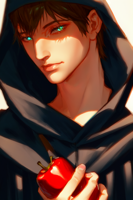 <lora:Hermes:0.75> Hermes FFXIV, looking at viewer, short hair, holding, hair between eyes,  food, hand up,  hood,fruit, glowing, holding food, portrait, hood up, apple, mushroom, holding fruit