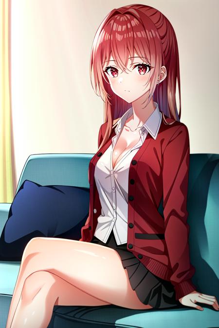 (extremely detailed CG unity 4k wallpaper),(masterpiece),(best quality),(ultra-detailed),(best illustration),(best shadow),(absurdres),(detailed background) <lora:OGT_Kotori_Itsuka-v1:0.7> Kotori itsuka, 1girl, breasts, red hair, shirt, long hair, cleavage, red eyes, white shirt, crossed legs, dress shirt, sitting, medium breasts, very long hair, hair between eyes, collarbone, cardigan, shiny, indoors, looking at viewer, shiny hair, pillow, couch