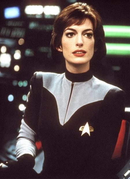 bokeh, A stunning intricate full color portrait photo of Anne Hathaway,
wearing a (strtrk uniform), interior ship background,
(sitting in the captain chair on the spaceship),
epic character composition in star trek world,
by ilya kuvshinov, alessio albi, nina masic,
sharp focus, natural lighting, subsurface scattering, f2, 35mm  <lora:startrek_uniform_lora_5000:1.35>