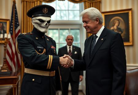 cobra commander in an immaculate military dress uniform posing for photo shaking hands with president clinton of the united states in sharp suit inside the oval office, real photograph,  dark empty eyes, demonic, photorealistic, correct hands, correct fingers, presidential seal, vote button, campaign photo, election, elegant scene