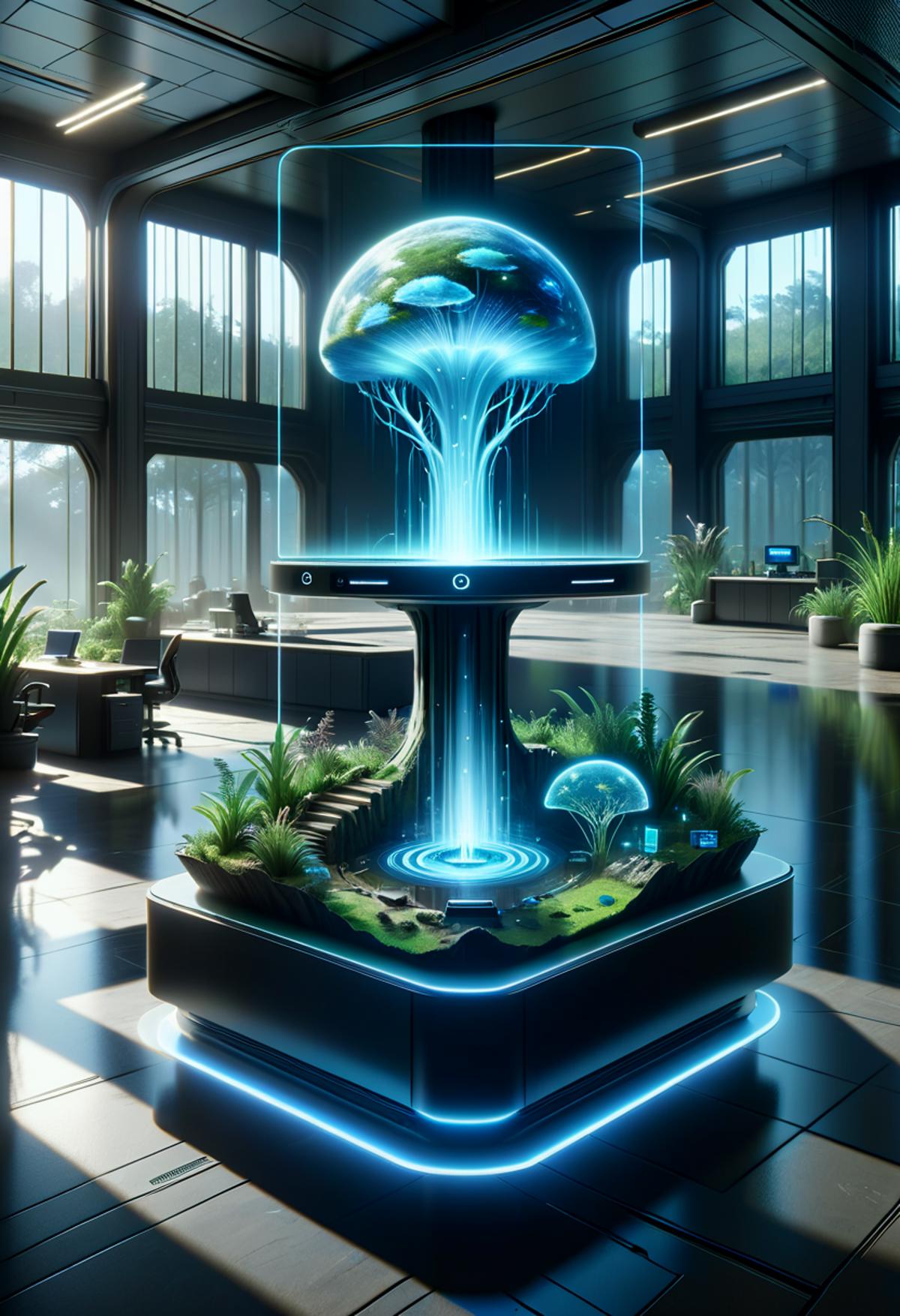 A futuristic, sci-fi plant display with a massive mushroom-like tree on a pedestal.