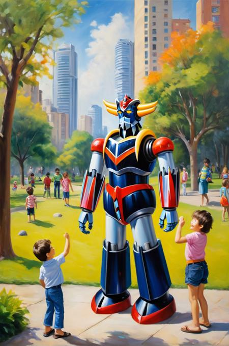 An oil painting of Grandizer the robot, interacting with children in a lively city park during a sunny day, with playful and vibrant colors, captured in a third-person perspective, reflecting joy and childlike wonder, with a touch of realism