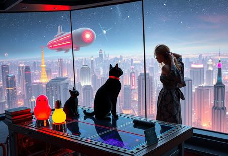A sleek black cat with red collar sits on a cluttered metal riveted desk with transparent top and rgb led computer components visible inside, On the desk are a maneki neko statue and a lava lamp, the Black Cat is looking out of a seamless and futuristic floor to ceiling window that looks out at thousands of enormous wide and tall futuristic skyscrapers from a large window in a descending spaceship, (((a beautiful woman, 24 years old, is standing next to the cat looking at the city is stretching with arms behind her head, the view out the window is an enormous city at night composed of enormous buildings of varying futuristic art deco design, the city filled with buildings of many shapes and sizes, some over a mile tall))), the woman is dressed in an ornate Japanese style bath robe. An enormous deco starship with futuristic lighting and design is visible high above the city, and a space station is visible in the background among the stars, The woman's hair is messy from just waking up and tied up with a ribbon. Artistic cyberpunk, dynamic perspective, (((overall architectural aesthetic is Art Deco Cyberpunk))).  (((A large futuristic building shaped like a torii gate stands among the enormous tokyo structures,)))