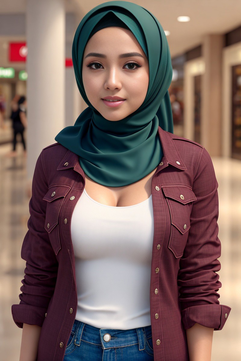 (cute aceh girl),  standing hijabi in a mall,open shirt, (extremely detailed CG unity 8k wallpaper),face incredibly detail...