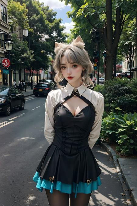 <lora:Lynette:0.75>,realistic, photorealistic,  Lynette_genshin,((1girl)), cowboy shot,close-up,grey hair, cat ears, black short dress, white long sleeves, black pantyhose, cleavage, upper body,(((arms behind back))),((standing)),outdoors, castle, streets, green plants, flowers,