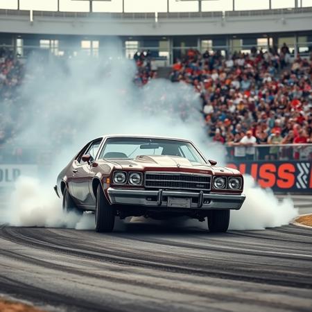 a demolition derby car doing a curve, dramatic scene, front side street level view. Smoke from the tires. A backgrouns has a stadium crowd