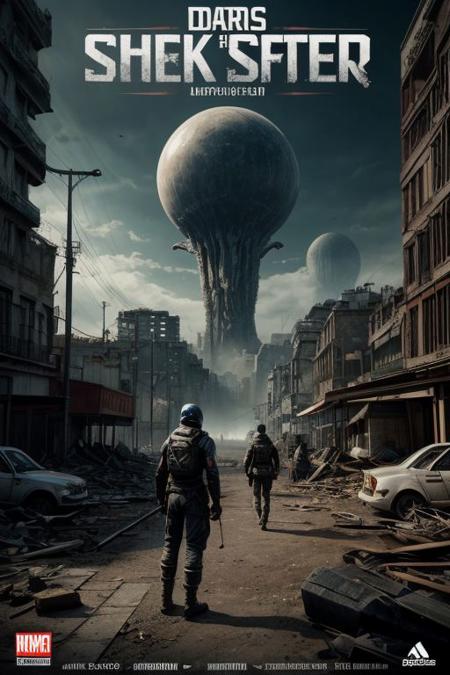 score_9, score_8_up, score_7_up, movie poster,
Title of the film in large letters in the center of the poster, striking image, alien spacecraft towering over a city in ruins in the background, 3 heroes look determinedly towards the horizon In the foreground, Captain Elena Rodriguez, Commander Li Wei, Sergeant Malik Ahmed, dark and menacing atmosphere, realistic, <lora:more_details:0.5>