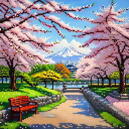 <lora:pixel_stormXL:1>,pixel art,
scenery, cherry blossoms, no humans, tree, outdoors, grass, day, sky, mountain, petals, bridge, bench, blue sky, cloud, fence, spring (season), river, road,petals,cherry blossom park, flying petals,romantic atmosphere,japanese cherry blossom garden with tranquil ponds,landscape,pixel art