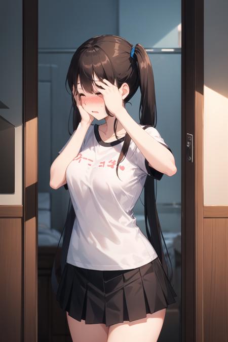 1girl, casual clothes, t-shirt, skirt, twintails, long hair, short sleeves, standing, embarrassed, (full face blush:1.2), covering face, hands on own face, room, side view, faceless female