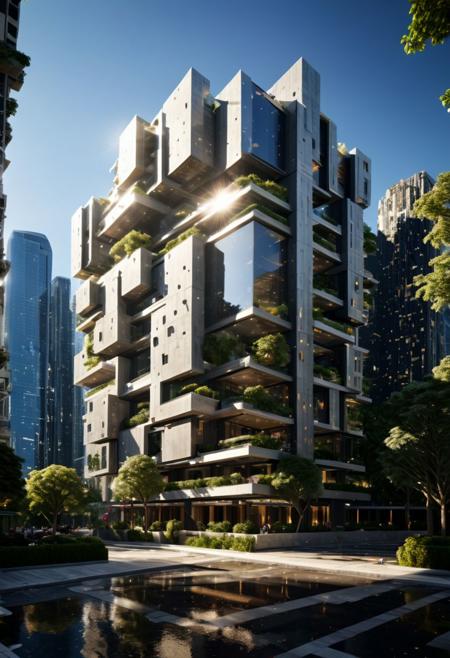 (((Modern style architecture, housing, luxury residence))),
outdoors, sky, tree, blue sky, no humans, ground vehicle, building, scenery, reflection, city, cityscape, bare tree, skyscraper, real world location,
(Large Files, Ultra Realistic, 8K, 16k, FHD, HD, VFX, Perfect, Photography, composition, Architecture Sales Photography, Architecture Competition, Ultra High Resolution, Cinematography, High Resolution Image:1.1), (dramatic lighting, direct sunlight, ray tracing, clear shadow:1.2), (real landscape:1.1), (blurred background:1.0), (urban background, more_details)  
(avant-garde, future, reality, science fiction, photorealistic), (modern architecture:1.2), White limestone with black granite, fountain, waterfall, landmark, square, path, narrow street,
(Large Files, Ultra Realistic, 8K, 16k, FHD, HD, VFX, Perfect, Photography, composition, Architecture Sales Photography, Architecture Competition, Ultra High Resolution, Cinematography, High Resolution Image:1.1), (dramatic lighting, direct sunlight, ray tracing, clear shadow:1.2),  (real landscape:1.1), (blurred background:1.0), (urban background, more_details) ,
great lighting, extremely detailed, clear, SteamPunk, futuresurban