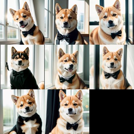 RAW photo, absurdres, high quality, photorealistic,
portrait of a shiba inu wearing a tuxedo, sunlight, window,
photo realism, ultra-detailed, 50mm, f1. 4, 8k uhd, film grain