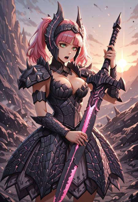 masterpiece, best quality, amazing quality,bangs, green eyes, hair ornament, twintails, pink hair, blunt bangs, medium hair, eyebrows hidden by hair, medium breasts, <lora:alatreon-armor-illustriousxl-lora-nochekaiser:1>, alatreon armor, alatreon (armor), armlet, armor, cleavage, jewelry, pauldrons, shoulder armor, scales, spiky armor, skirt, armored dress, headwear, headgear, detached collar, spikes,sunrise stance, weapon, sword, solo, open mouth, holding weapon, holding, holding sword, intense, dynamic,