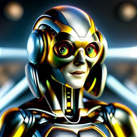masterpiece, awesome quality, hyper detailed, ((DonMX3n0T3ch, futuristic, scifi, tech)), female robot,  <lora:DonMX3n0T3ch:1.5> cool, awesome