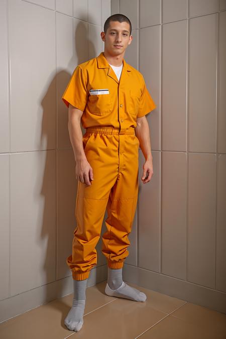 (plain gray cinderblock wall), in prison cell, DrakeTyler in a prisoner in prison, wearing (orange prison uniform), (orange (prison coveralls)), bored expression, ((white socks)), gray slippers, ((full body portrait)), wide angle, <lora:DrakeTyler:0.75>