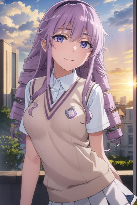 junko hokaze, long hair, (purple eyes:1.2), purple hair, hairband, drill hair, skirt, school uniform, sweater vest, tokiwadai school uniform, brown sweater vest,