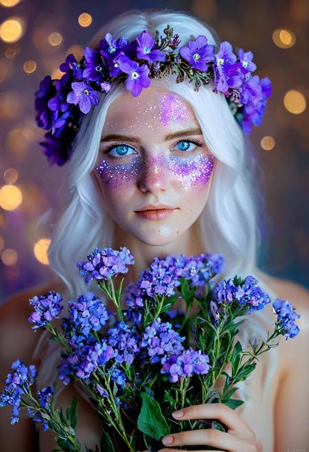 A beautiful, pale woman with white hair is holding purple flowers in her hand, and the light shines on them. She has blue eyes and glitter dust on her face. She wears a flower crown, and the colors are soft and pastel, creating an ethereal aesthetic with a bokeh effect. The image is photo-realistic, captured with a Canon EOS R5 camera.