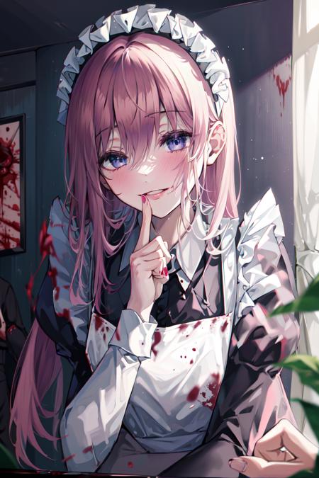 -mature lady, 1girl, pink hair, long hair, solo, blue eyes, maid headdress, looking at viewer, maid, blood, blush, finger to mouth, smile, bangs, hair between eyes, apron, dress, gotou hitori, long sleeves, frills, blood on clothes, upper body, nail polish, shushing, juliet sleeves, black dress, flower, indoors, maid apron, blood splatter, puffy sleeves, blood on face, purple nails, index finger raised, rose<lora:mature lady-000018:1>